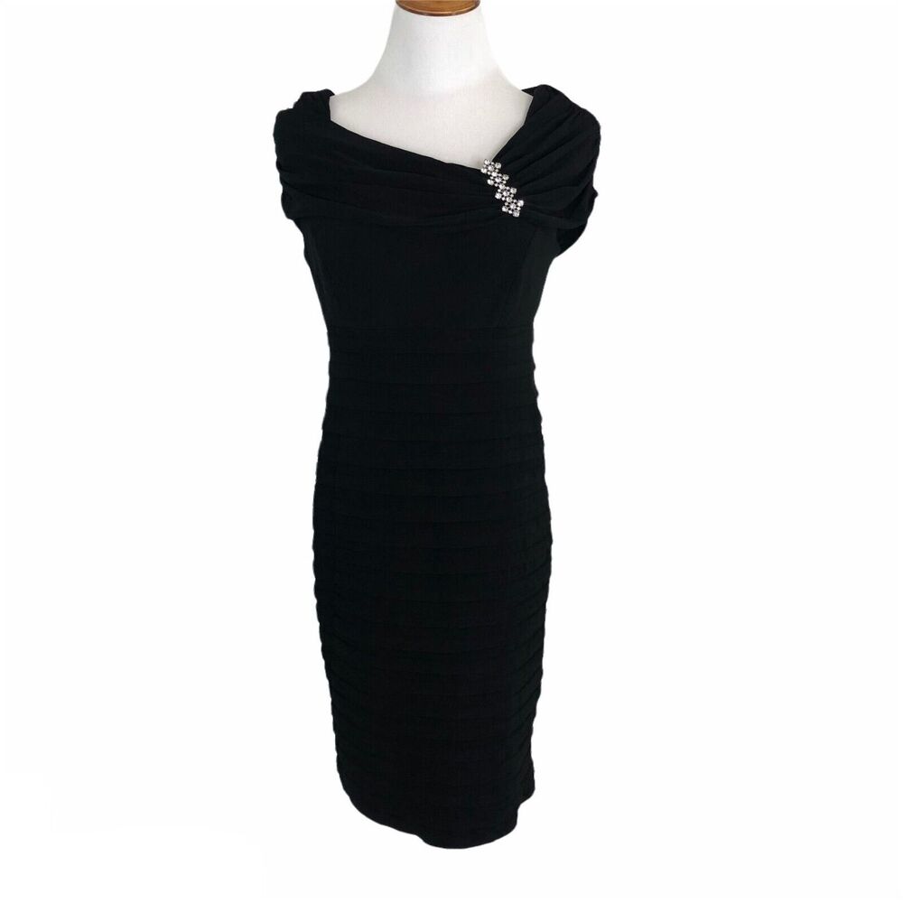 Scarlett Elegant Evening Sheath Dress Knee Length Ruched Boat Neck Sz 6 Black